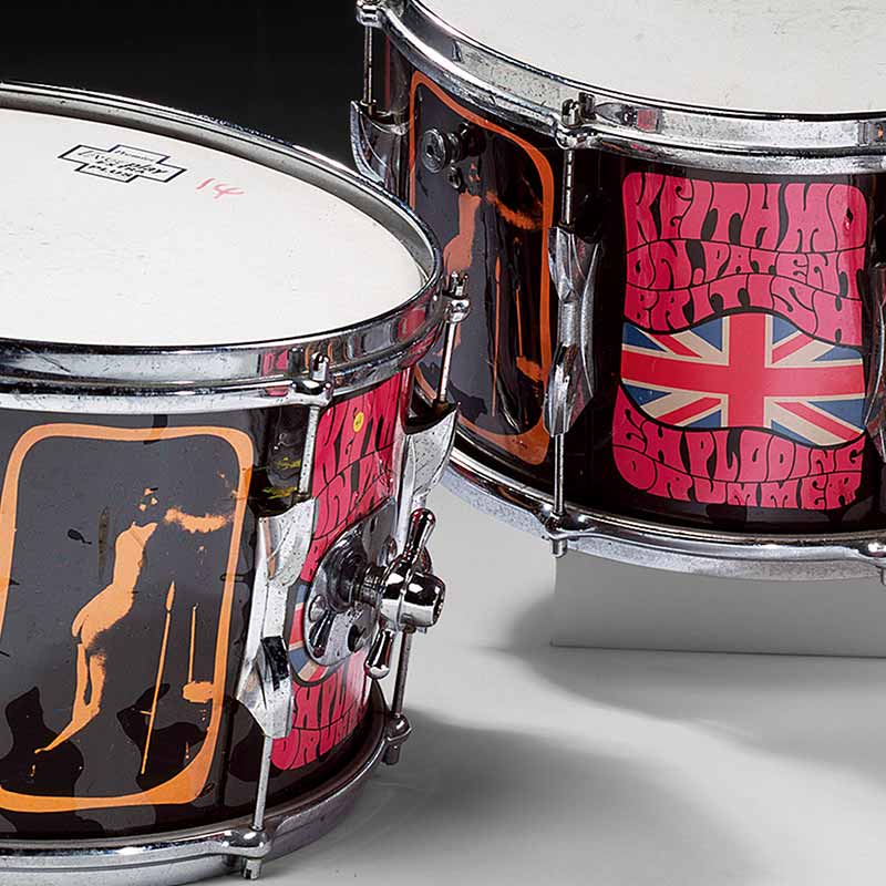 Zoom of Keith Moon's "Pictures of Lily" drum set. They feature images of a nude woman and the Union Jack flag.